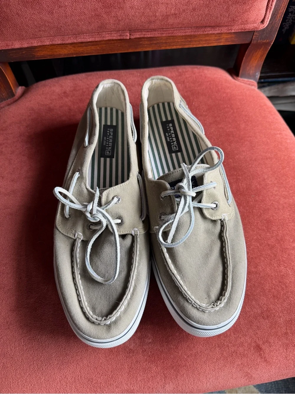 Men’s Sperry top slider canvas boat shoes in khaki.